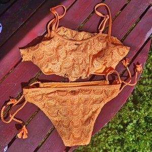 ROXY Orange Crochet Neon Bikini Lace Bikini